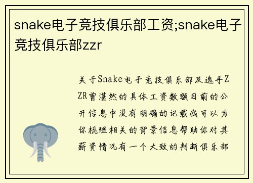 snake电子竞技俱乐部工资;snake电子竞技俱乐部zzr